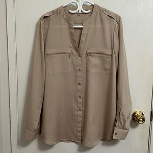 Calvin Klein blouse. Gold/beige w/ gold buttons and zippers. size L barely used